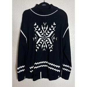 T By Talbots Thermolite XL Black White Snowflake Zip Turtleneck Sweater Preppy